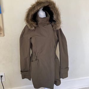 LOFT olive green hoodie parka jacket with removable fur-trimmed hood Sz XS